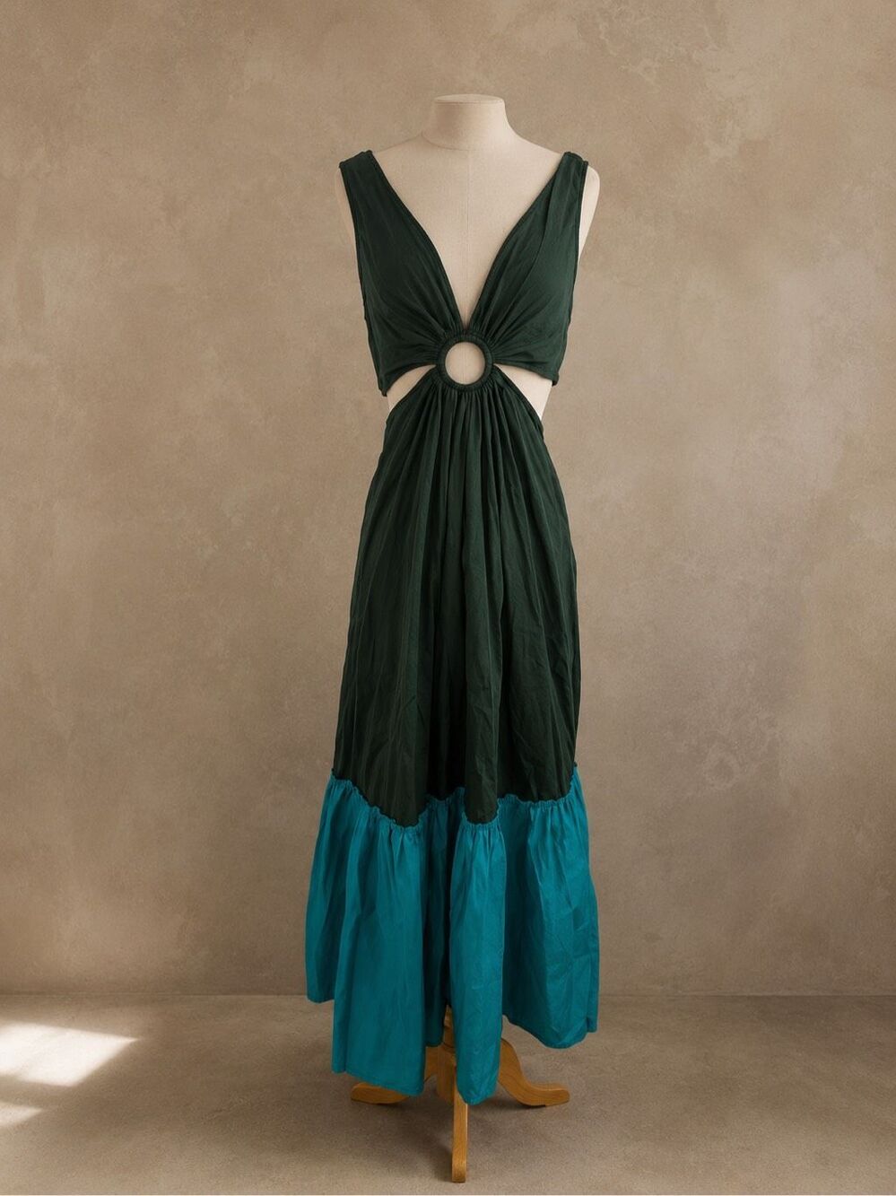 Geisha Designs Sz 4 Anthropologie Flounced Cut-Out Maxi Dress Green Teal Cotton